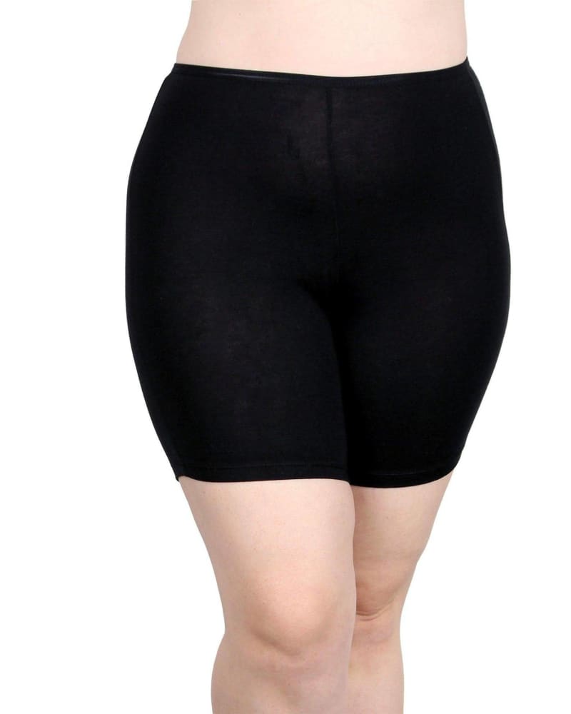 Front of a model wearing a size L Lux Anti Thigh Chafing Slipshort in Black by Undersummers. | dia_product_style_image_id:243566